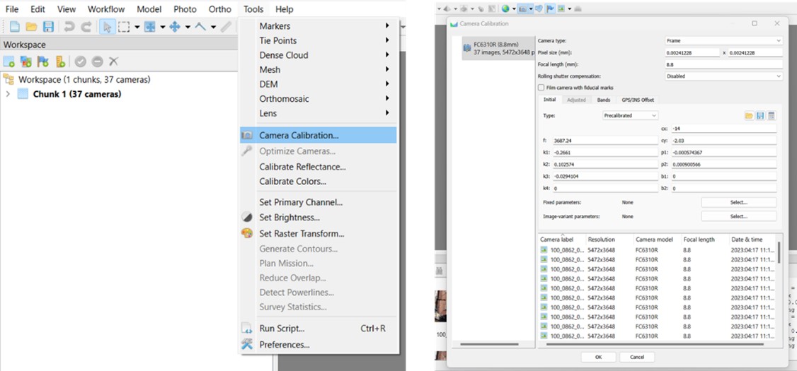 Define camera calibration in Metashape