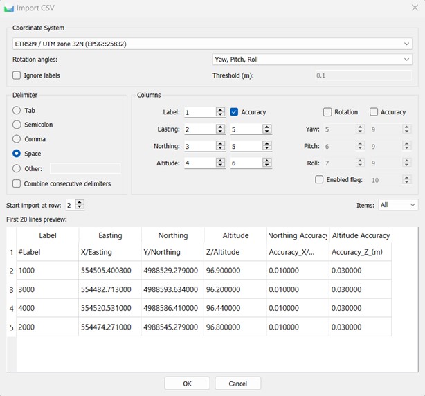 Import GCPs coordinates in Metashape