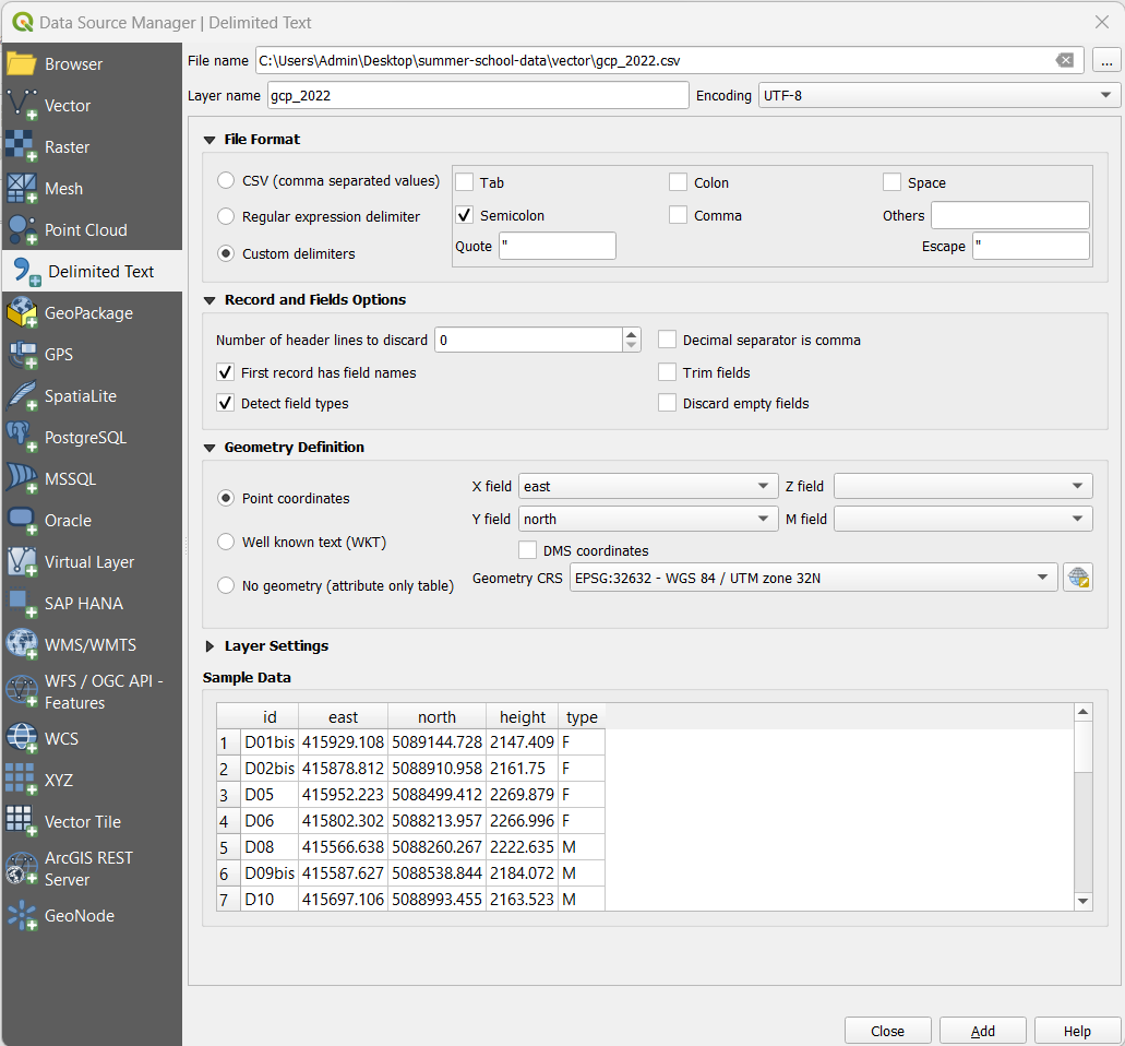 Data Source Manager window in QGIS