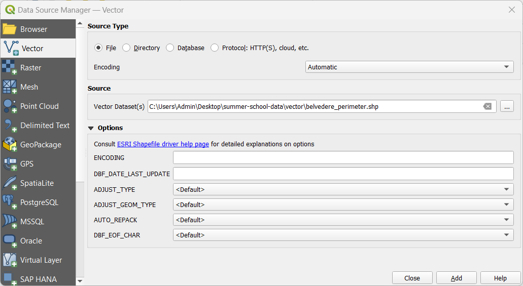 Data Source Manager window in QGIS