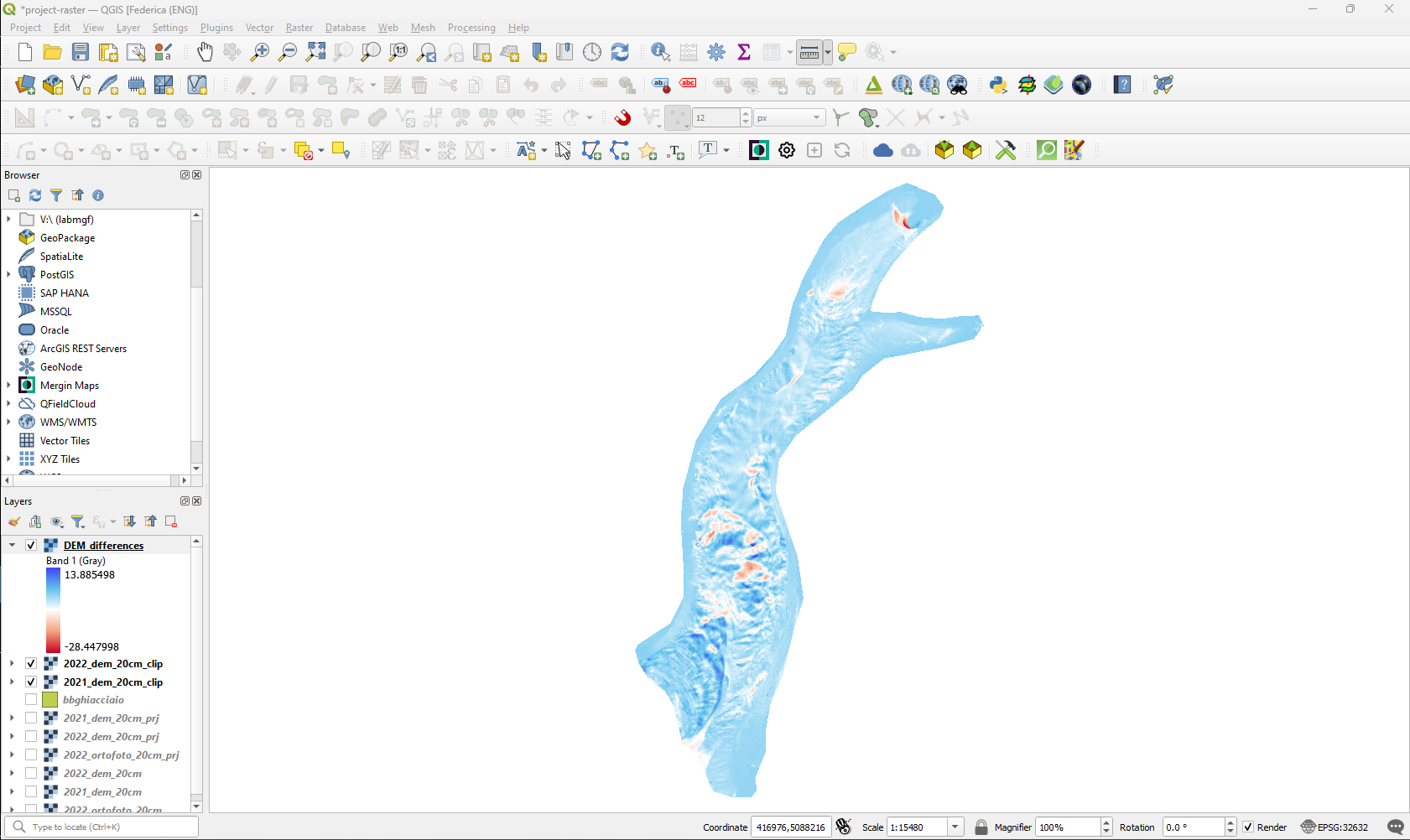 Raster calculator result for DEM differences in the map canvas