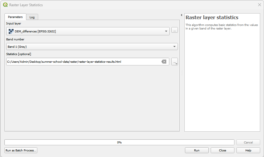 Raster layer statistics plugin for DEM differences