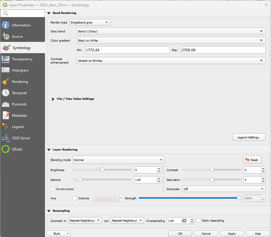 Singleband gray symbology for raster data in QGIS