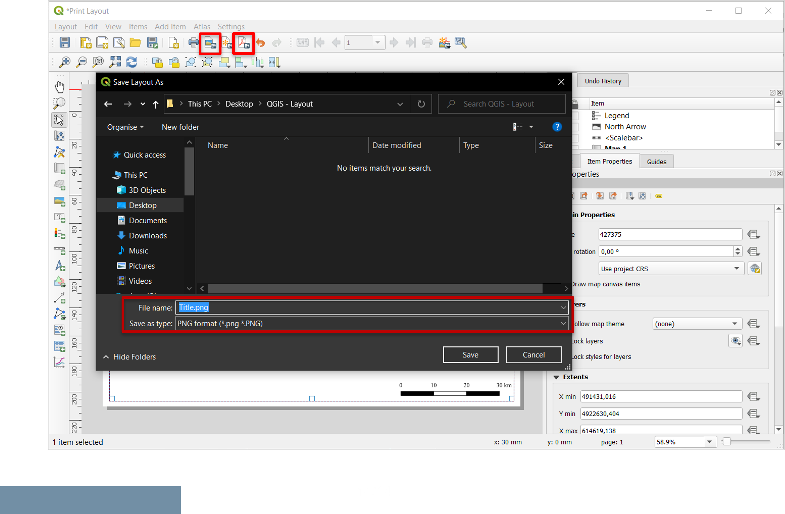 Save and export procedure for a print layout in the QGIS layout composer