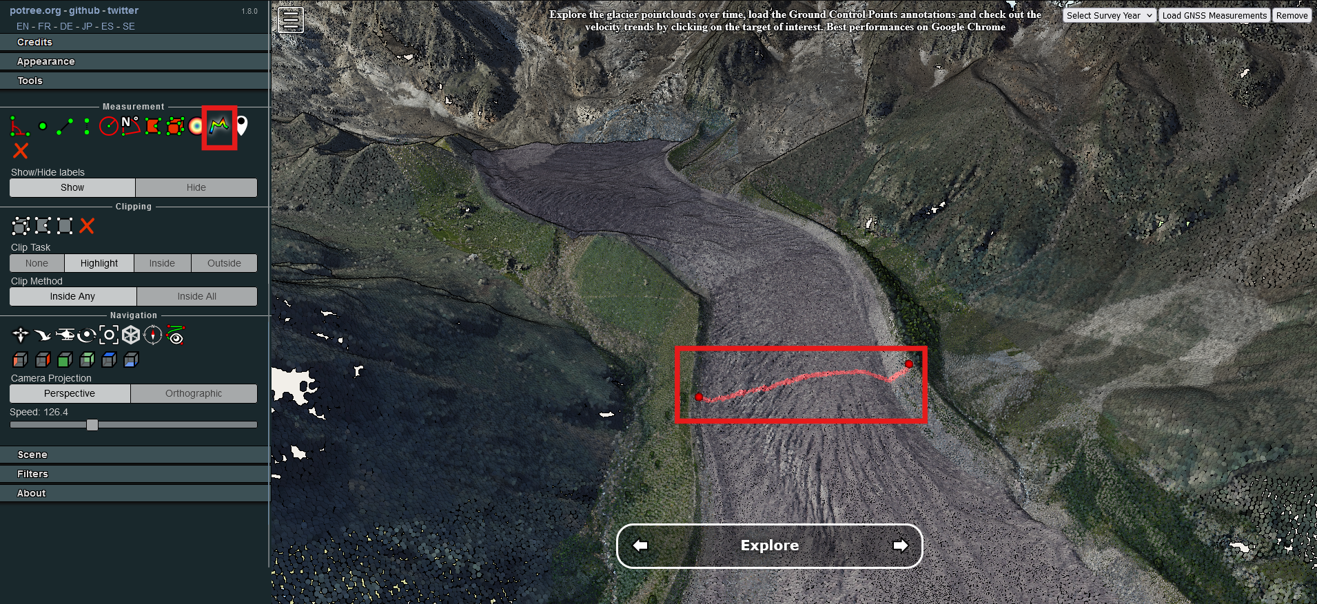 Belvedere Glacier 3D viewer cross-section tool