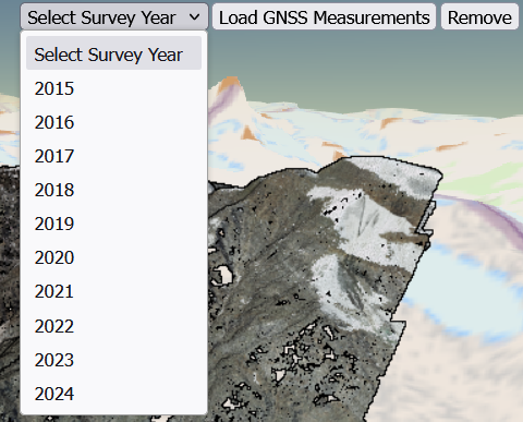 Belvedere Glacier 3D viewer selection of survey year for GCPs