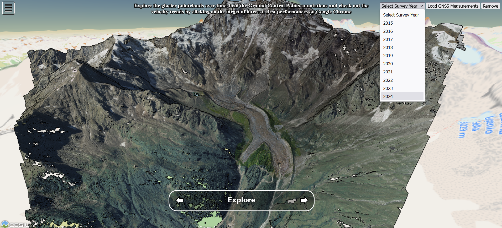 Screenshot of the Belvedere Glacier 3D viewer