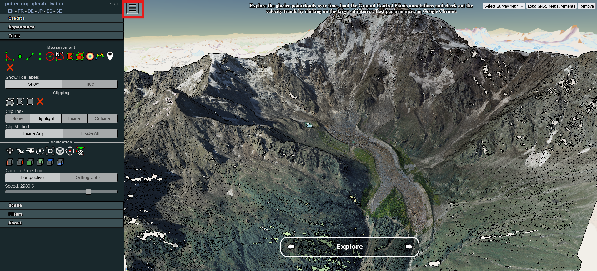 Belvedere Glacier 3D viewer sidebar with native Potree tools